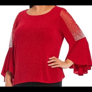 Alex Evenings Red Top Illusion Sleeves